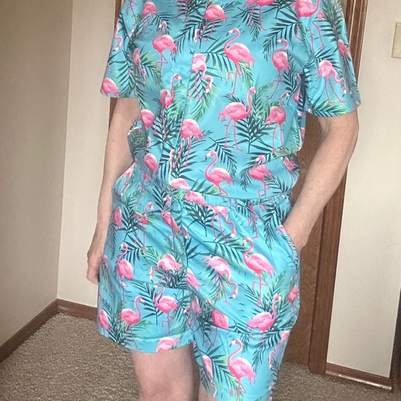 Flamingo‎ Print Aqua & Pink Jumpsuit Size M - Picture 1 of 13